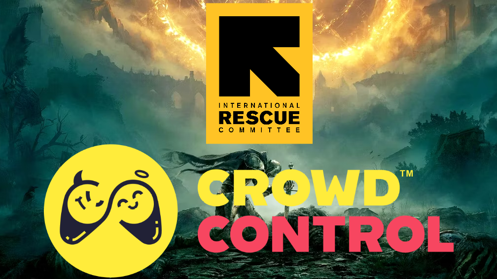 Elden Ring box art with the logos for the International Rescue Committee and Crowd Control suprimposed, used as one of the banner images for the Elden Charity streaming marathon I ran in December 2023