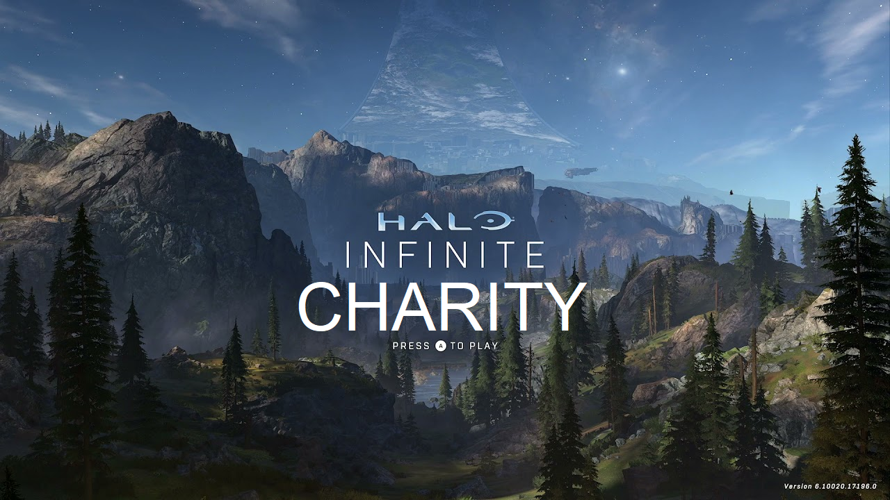 Halo Infinite title screen with the word 'CHARITY' superimposed, used as the banner image for the Infinite Charity streaming marathon I ran in December 2021